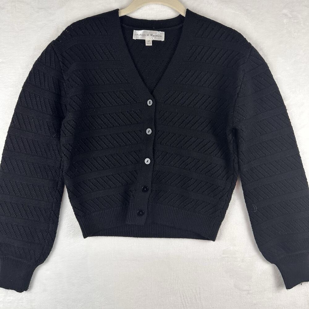 Chelsea & Theodore Women’s S/P Black Pointelle Button Cardigan Balloon Sleeve